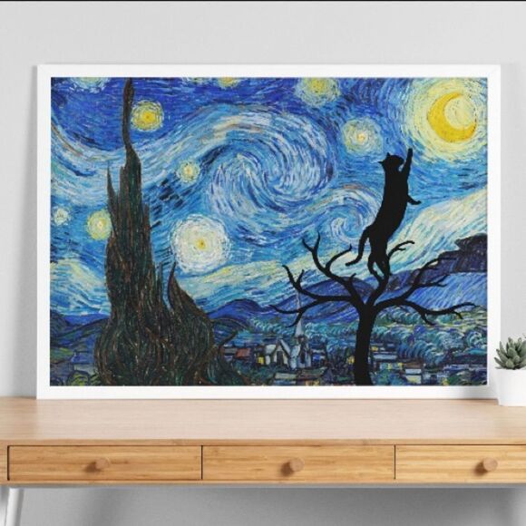Van Gogh Starry Night Black Cat Print - Picture 3 of 4